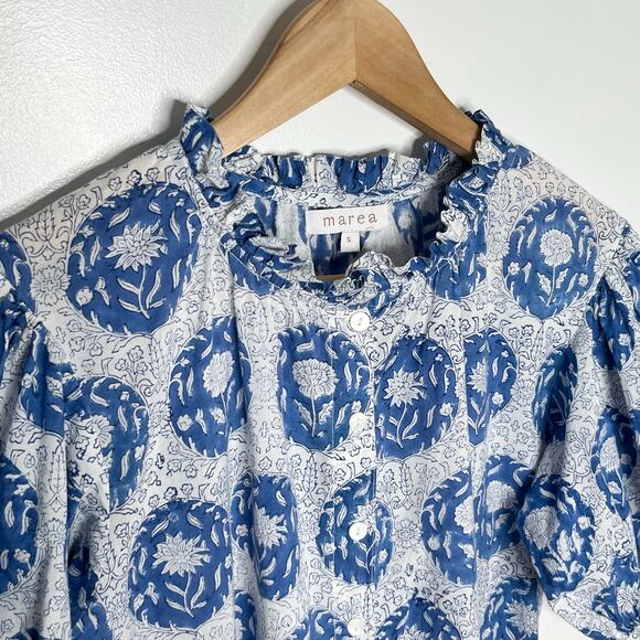 Marea Puff Sleeve Button Up Blouse Womens Small Blue Floral Block Print Cotton - Picture 3 of 8